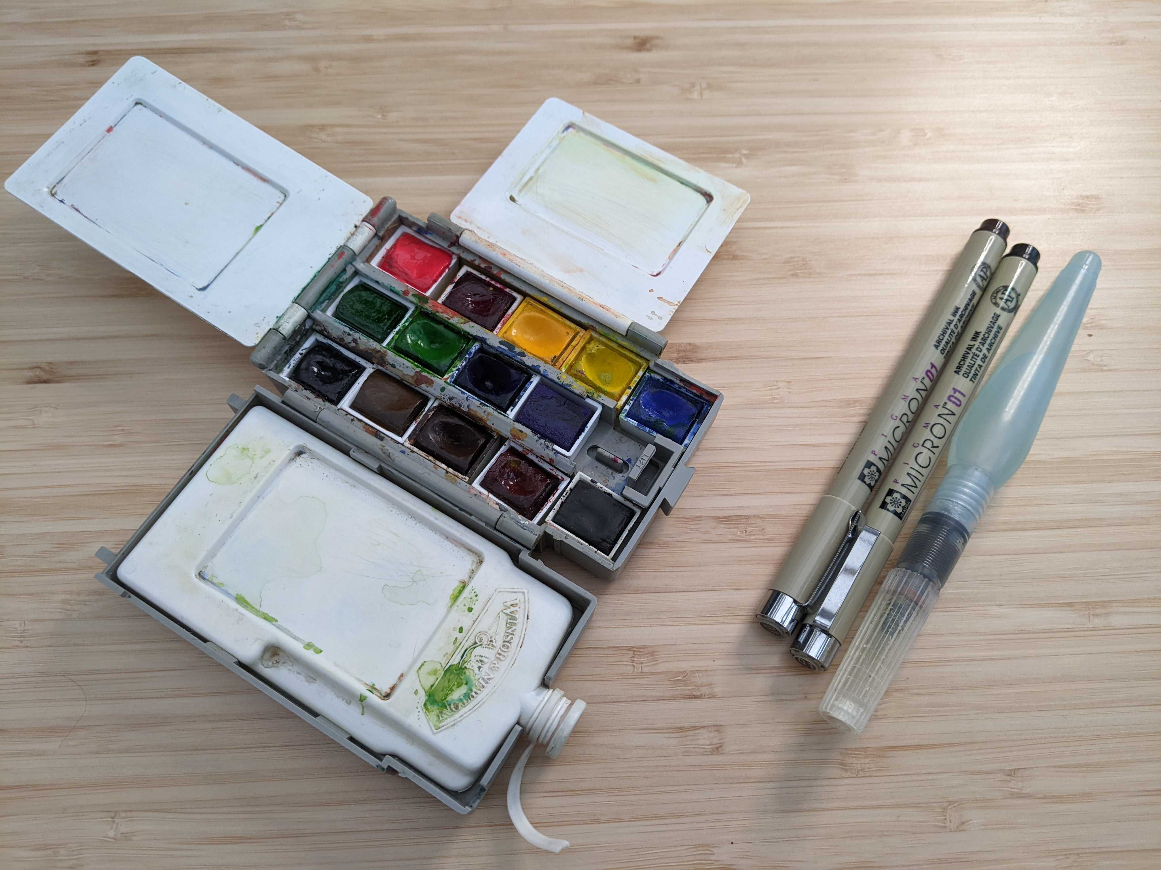 Slightly more advanced setup, pens, brush pens and water colour set